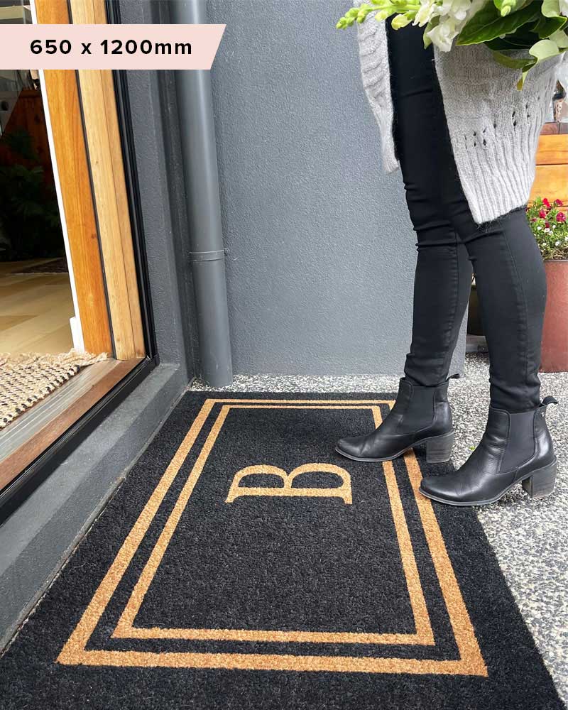 Black Double Border Initial Custom Doormat