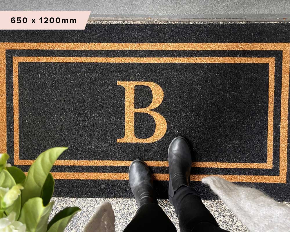 Black Double Border Initial Custom Doormat