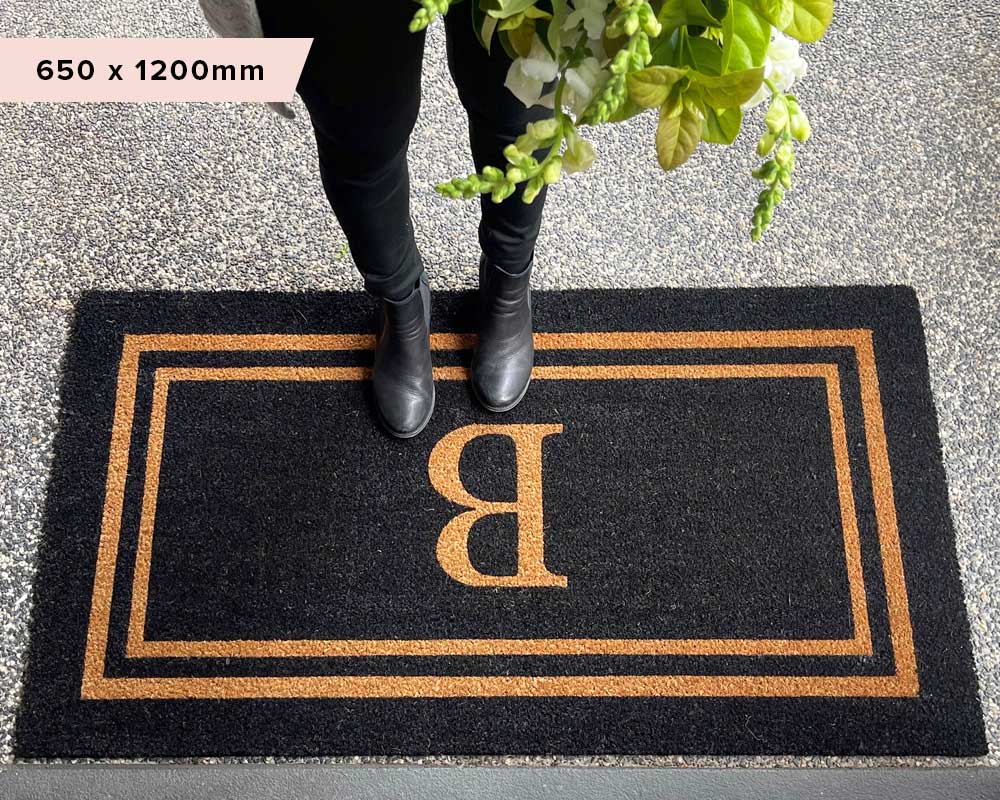 Black Double Border Initial Custom Doormat