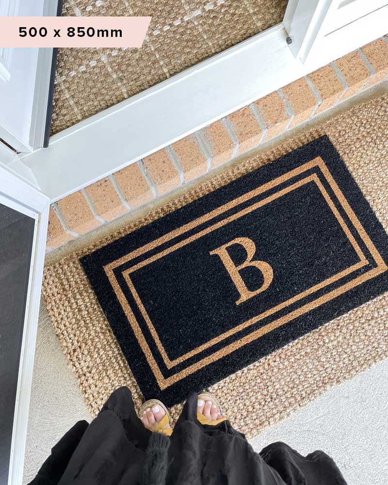 Black Double Border Initial Custom Doormat