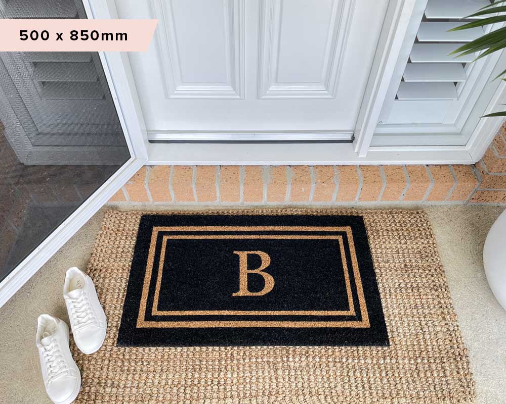 Black Double Border Initial Custom Doormat