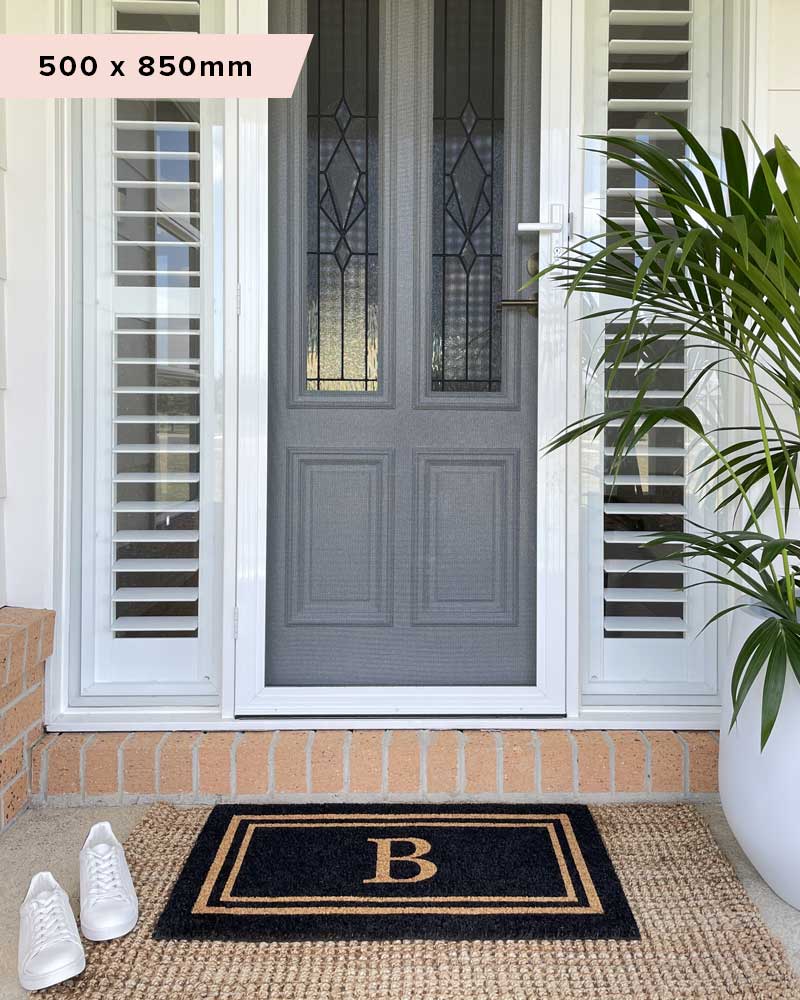 Black Double Border Initial Custom Doormat