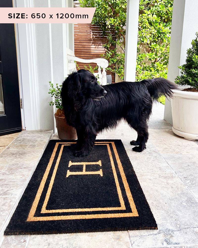 Black Double Border Initial Custom Doormat