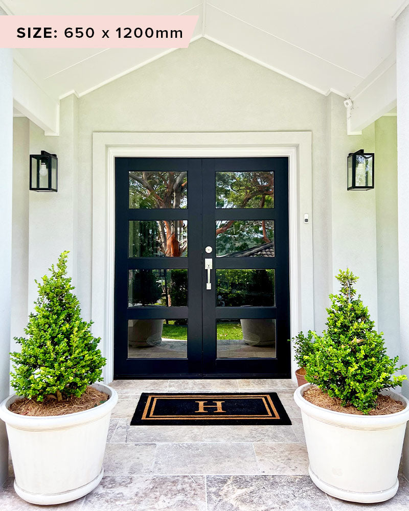 Black Double Border Initial Custom Doormat